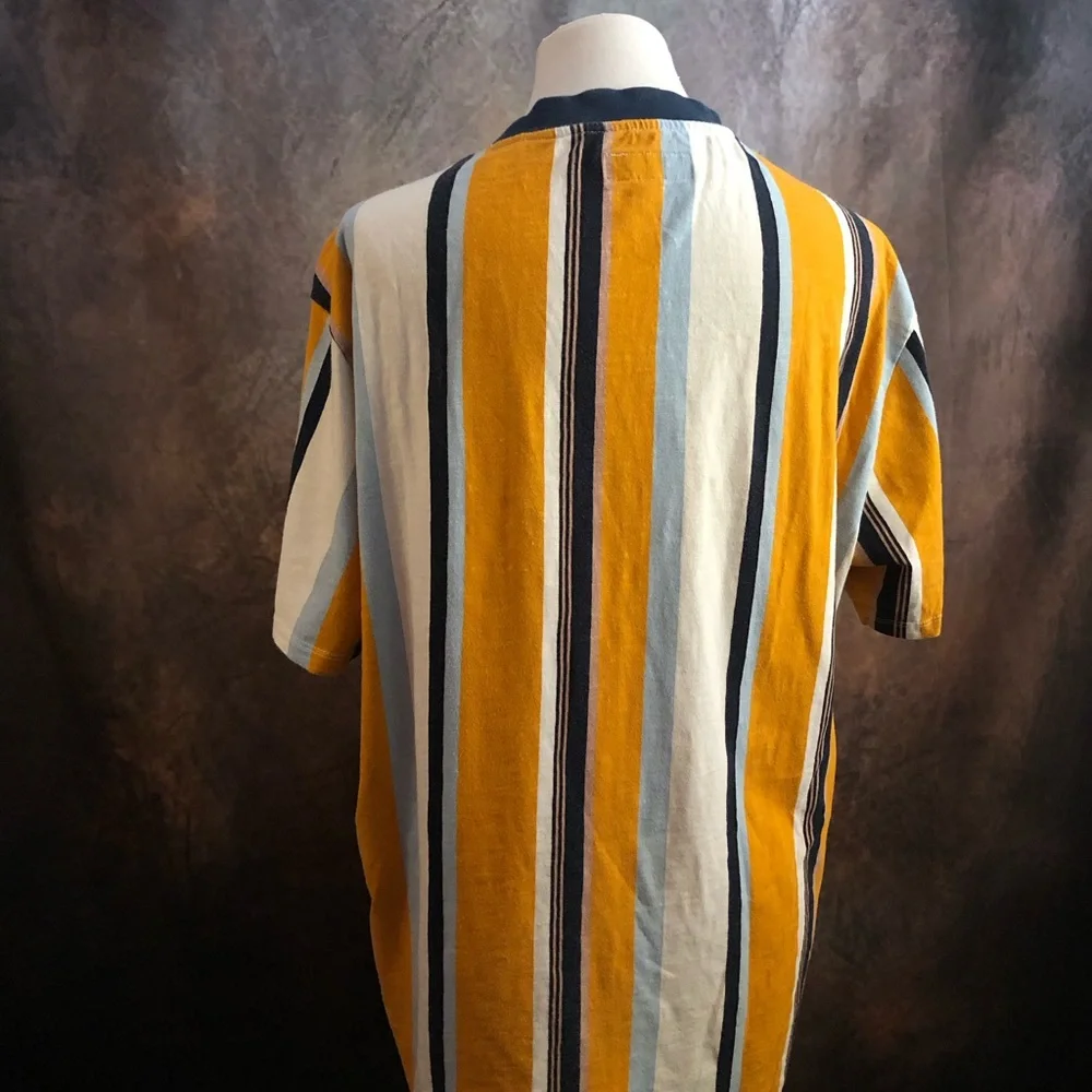 GUESS Men's Yellow, White & Navy Vertical Stripe Tee - Picture 3 of 8